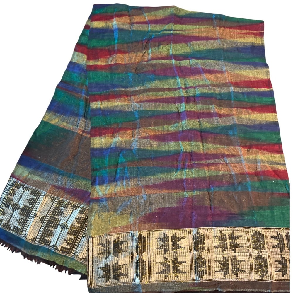 Womens Multicolor Metallic Striped Scarf Geometric Border Fringe Boho Wrap Scarf